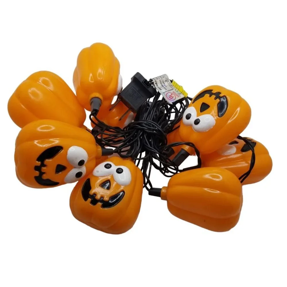 Vintage Jack O' Lantern Happy Halloween String Lights Plastic Blow Mold Pumpkins